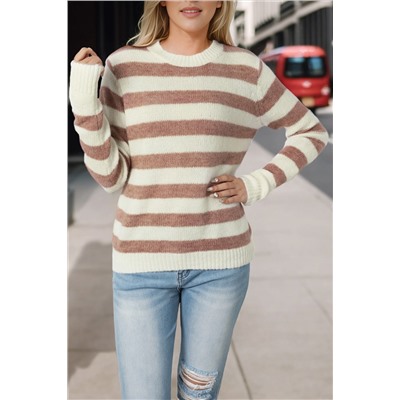 Brown Striped Round Neck Casual Sweater