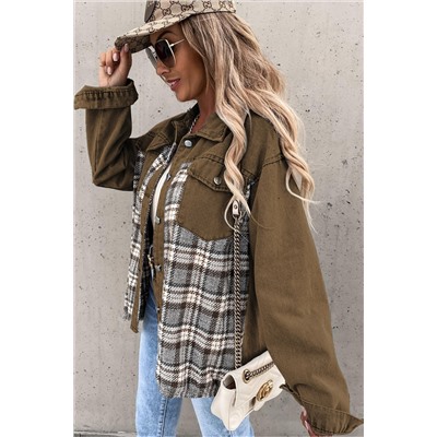 Brown Plaid Patchwork Pockets Denim Jacket