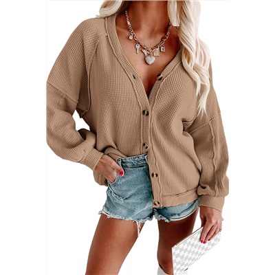 Khaki Exposed Seam Buttons Front Waffle Knit Cardigan