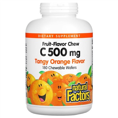 Natural Factors, жевательные фруктовые таблетки с витамином C, с насыщенным вкусом апельсина, 500 мг, 180 жевательных таблеток