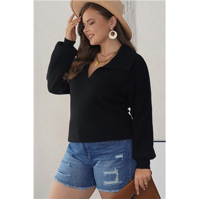 Black Ribbed Knit Lapel Neck Curvy Sweater