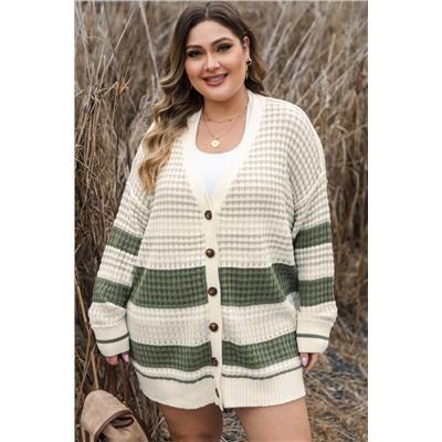 White Plus Size Color Block Cable Knit Buttoned Cardigan