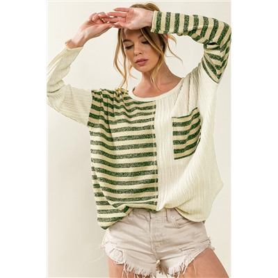 Khaki Striped Patch Textured Fabric Long Sleeve Top