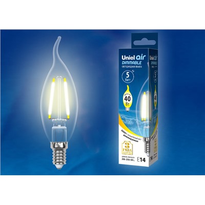 LED-CW35-5W/WW/E14/CL/DIM GLA01TR Лампа светодиодная диммируемая. Форма "свеча на ветру", прозрачная. Серия Air. Теплый белый свет (3000K). Картон. ТМ Uniel