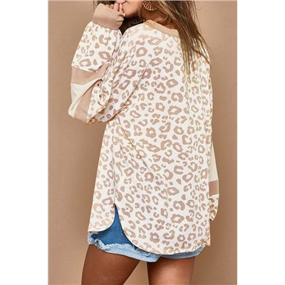 Bright White Leopard Print Round Neck Puff Sleeve Top