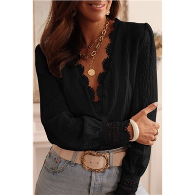 Black Lace Crochet Trim Deep V Neck Textured Blouse