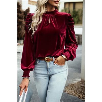 Red Mock Neck Puff Sleeve Velvet Blouse