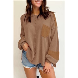 Dark Brown Exposed Seam Patchwork Bubble Sleeve Waffle Knit Top