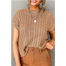 Light French Beige Crew Neck Cable Knit Short Sleeve Sweater