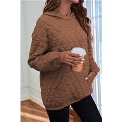 Coffee Solid Color Quilted Kangaroo Pocket Hoodie