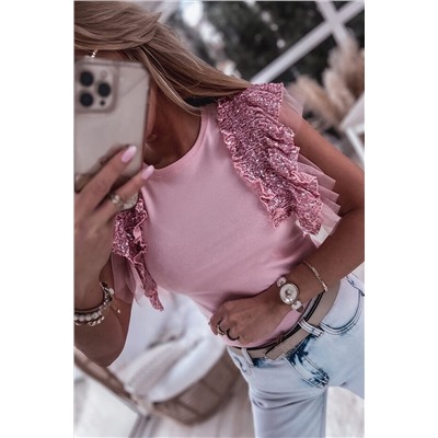 Pink Sequined Ruffle Mesh Sleeves Top