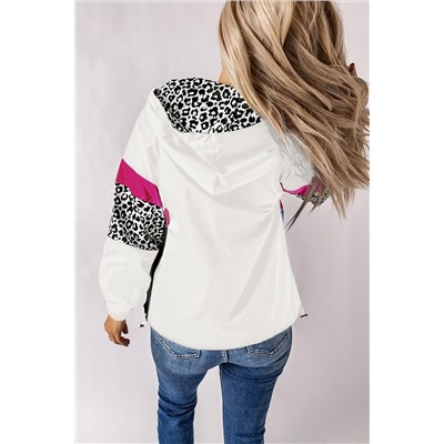 White Leopard Color Block Pockets Zip-up Hooded Jacket