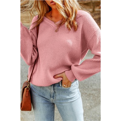 Pink V Neck Drop Shoulder Knitted Sweater