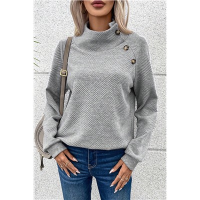 Gray Asymmetric Buttons Detail High Neck Textured Sweatshirt