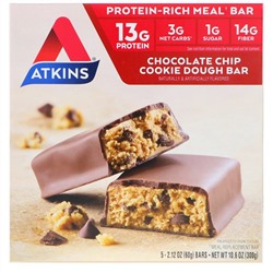Atkins, Замена приема пищи, батончик со вкусом шоколадного печенья, 5 батончиков по 60 г (2,12 унции)