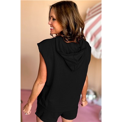 Black Solid Color Sleeveless Hoodie and Shorts Set