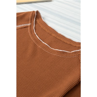 Chestnut Contrast Seam Frilly Edge Waffle Knit T-shirt