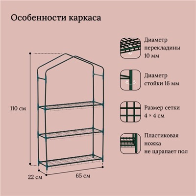 Парник-стеллаж 3 полки (сетка) 65*22*110 см, пвх пленка, мет. труба d-12 мм