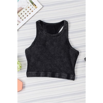 Black Ribbed Mineral Wash Racerback Cropped Tank Top