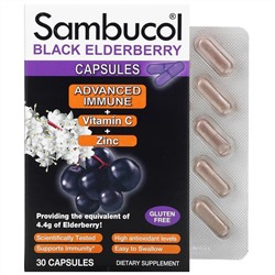 Sambucol, Black Elderberry Capsules, Advanced Immune + Vitamin C + Zinc, 30 Capsules