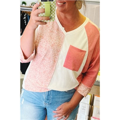 Pink Colorblock Drop Shoulder Bracelet Sleeve Plus Size Top