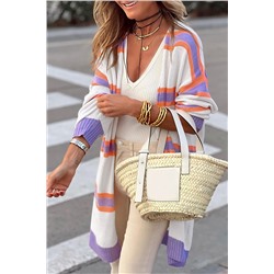 Beige Striped Long Sleeve Ribbed Trim Button Cardigan