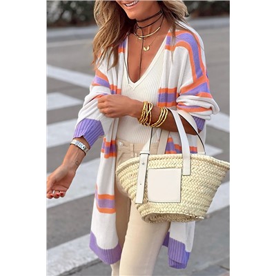 Beige Striped Long Sleeve Ribbed Trim Button Cardigan