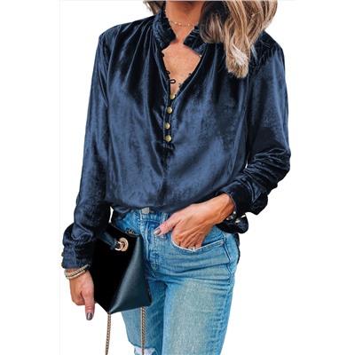 Navy Blue Frilled Neck Buttoned Front Velvet Top