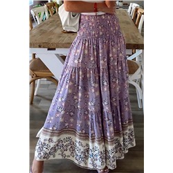 Фиолетовая многоярусная юбка с цветочным принтом и широким поясом