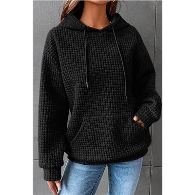 Black Lattice Textured Kangaroo Pocket Drawstring Hoodie