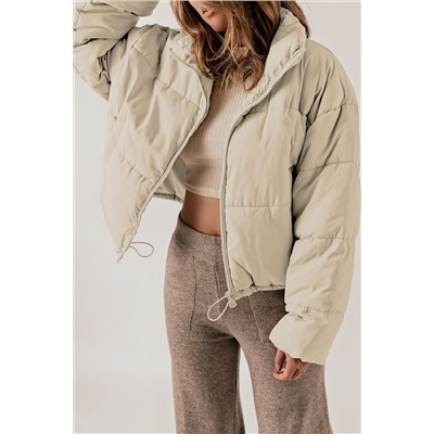 Apricot Zip Up Drawstring Hem Puffer Coat