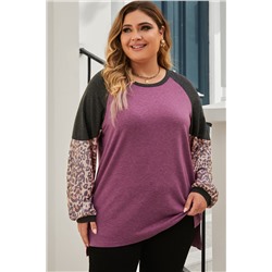 Multicolor Leopard Colorblock Long Sleeve Plus Size Top