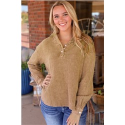 Brown Crinkle Textured Loose Henley Top