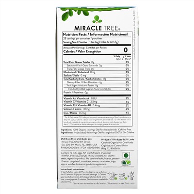 Miracle Tree, Moringa Organic Superfood Tea, Original, Caffeine Free, 25 Tea Bags, 1.32 oz (37.5 g)