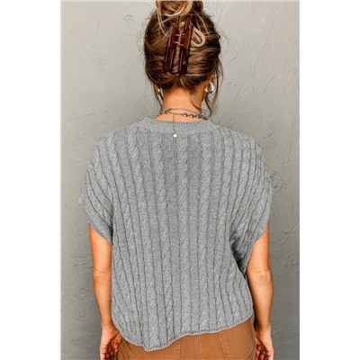 Gray Crew Neck Cable Knit Short Sleeve Sweater