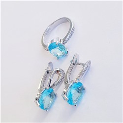 Комплект коллекция "Дубай", покрытие посеребрение с камнем, цвет голубой, серьги, кольцо р-р 17,  Е2203, арт.747.899