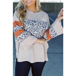 Khaki Leopard Patchwork Bell Sleeve Loose Split Top