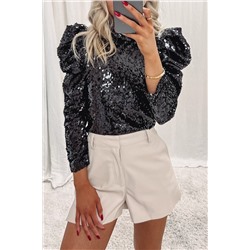 Black Sequin Mock Neck Bubble Sleeve Top