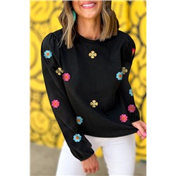 Black Floral Embroidered Puff Sleeve Top