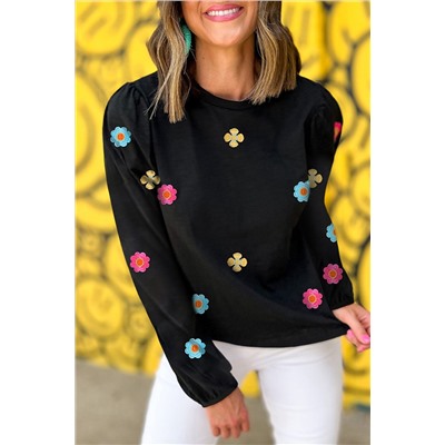 Black Floral Embroidered Puff Sleeve Top