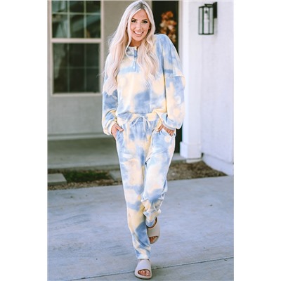 Multicolor Tie Dye Henley Top and Drawstring Pants Outfit