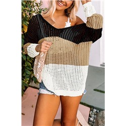 Black Color Block Eyelet Long Sleeve Twisted Back Knit Top