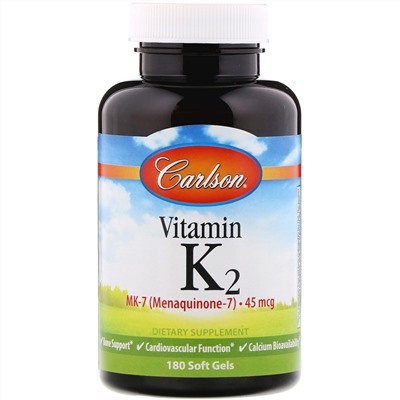 Carlson Labs, Витамин K2 MK-7 (менахинон-7), 45 мкг, 180 мягких таблеток