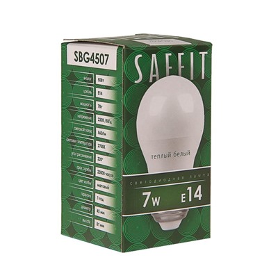 Лампа светодиодная SAFFIT, G45, 7 Вт, E14, 2700 К, 560 Лм, 220°, 80 х 45