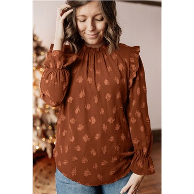 Chestnut Plus Size Textured Frill Trim Flounce Sleeve Blouse