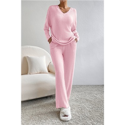 Light Pink Ribbed Knit V Neck Slouchy Two-piece Outfit