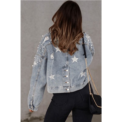 Sky Blue Distressed Pearls Star Cropped Denim Jacket