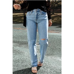 Light Blue Distressed Slit Leg Raw Edge Straight Jeans