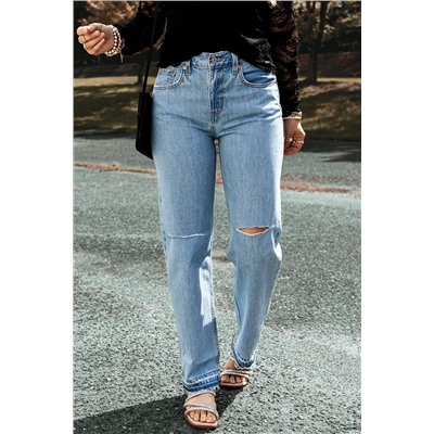 Light Blue Distressed Slit Leg Raw Edge Straight Jeans