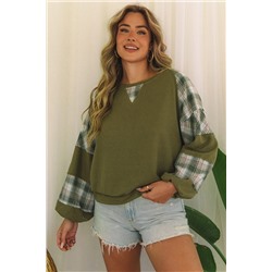 Green Plaid Patch Waffle Knit Exposed Seam Bubble Sleeve Top